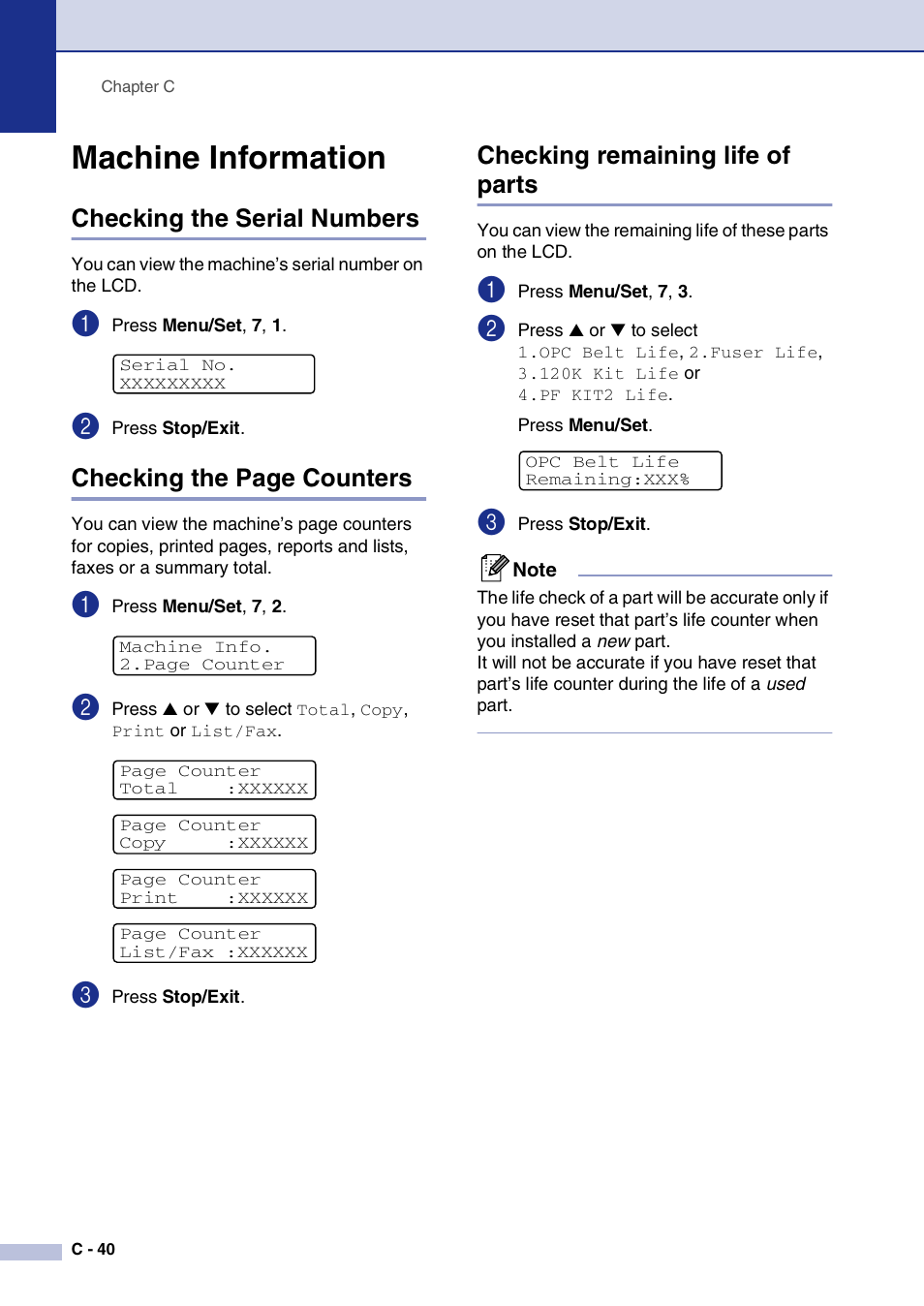 Machine information, Checking the serial numbers, Checking remaining life of parts | C-40, Checking the page counters | Brother MFC-9420CN User Manual | Page 165 / 195