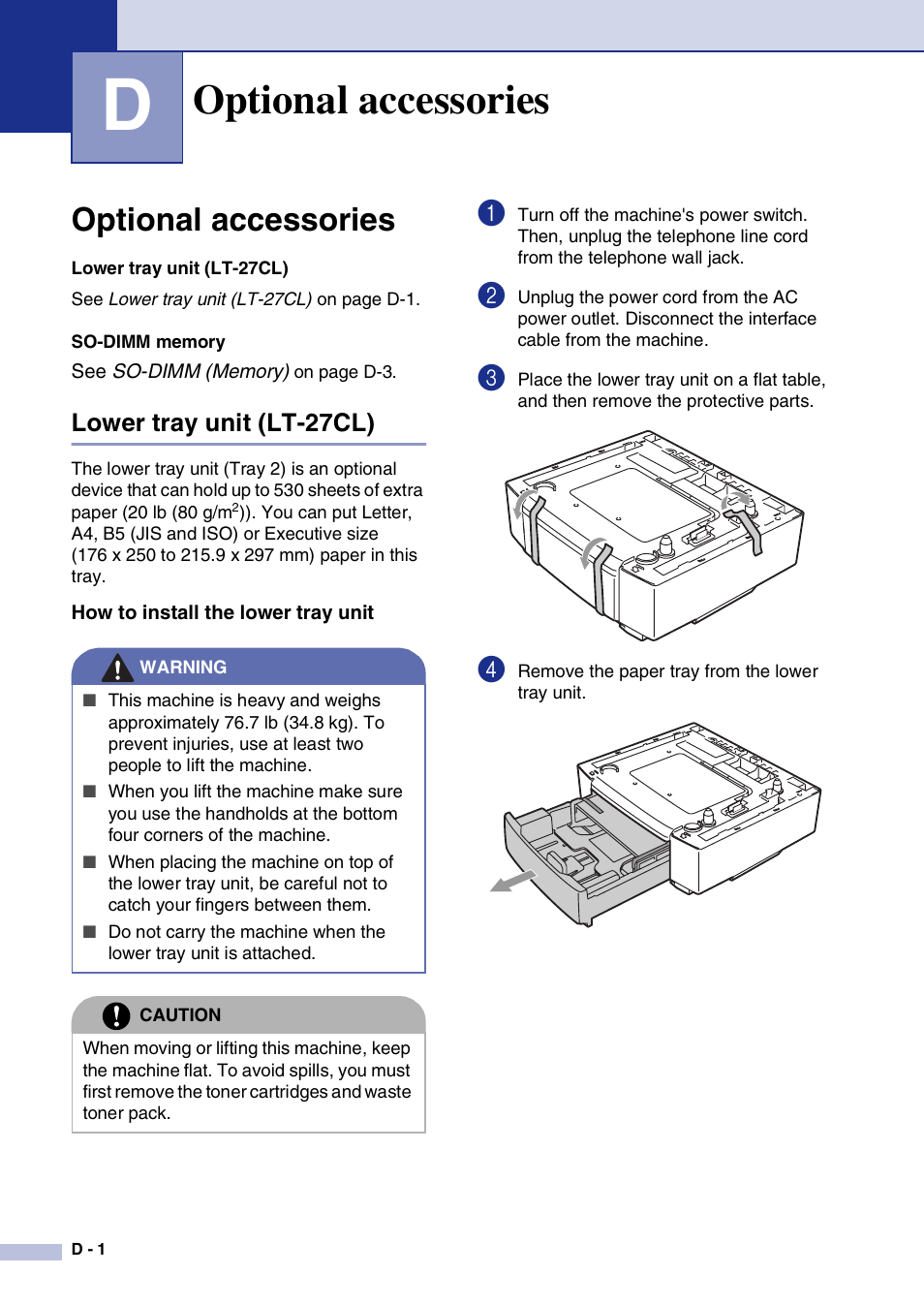 D optional accessories, Optional accessories, Lower tray unit (lt-27cl) | How to install the lower tray unit | Brother MFC-9420CN User Manual | Page 169 / 195