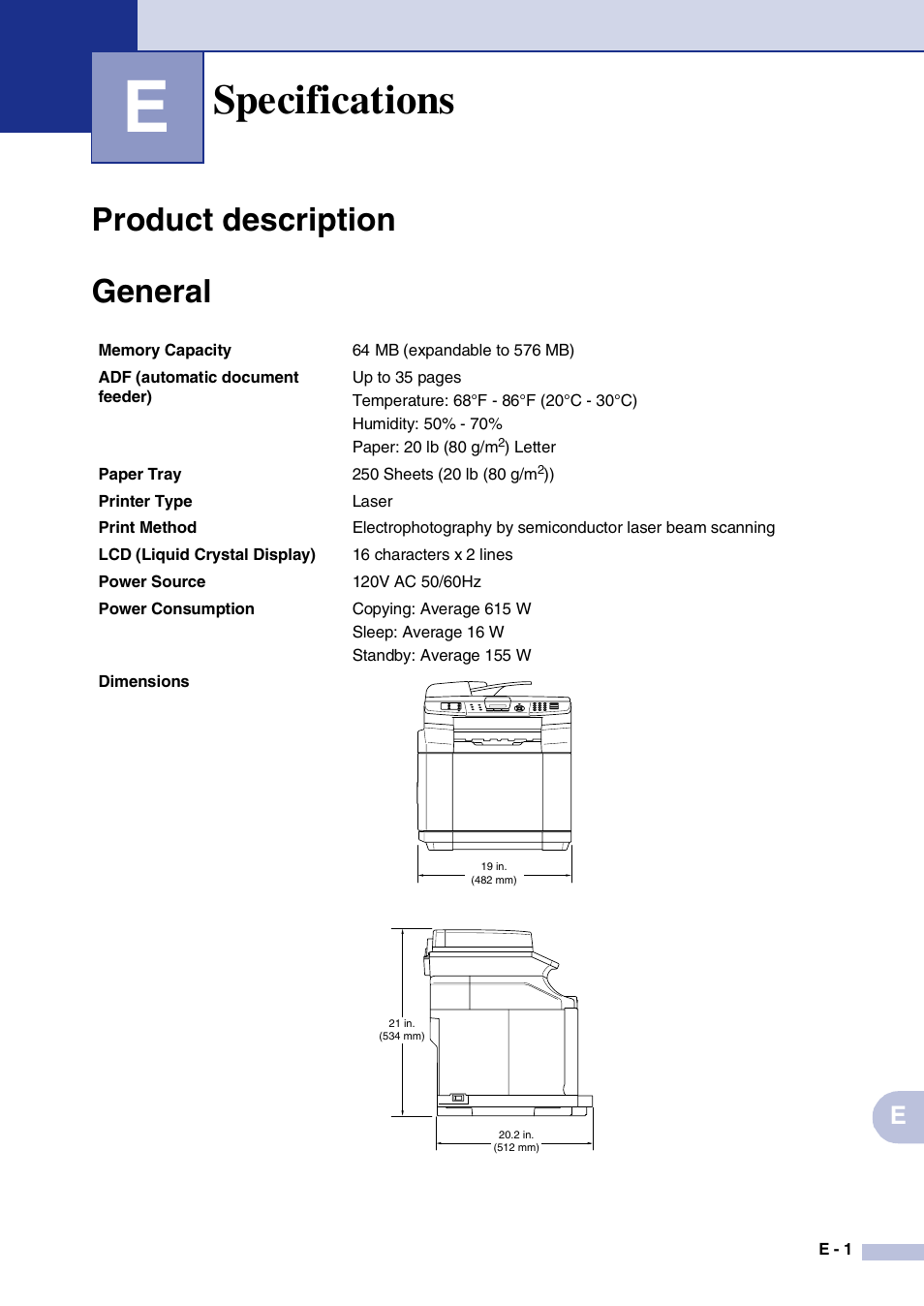 E specifications, Product description, General | Specifications, Product description general | Brother MFC-9420CN User Manual | Page 174 / 195