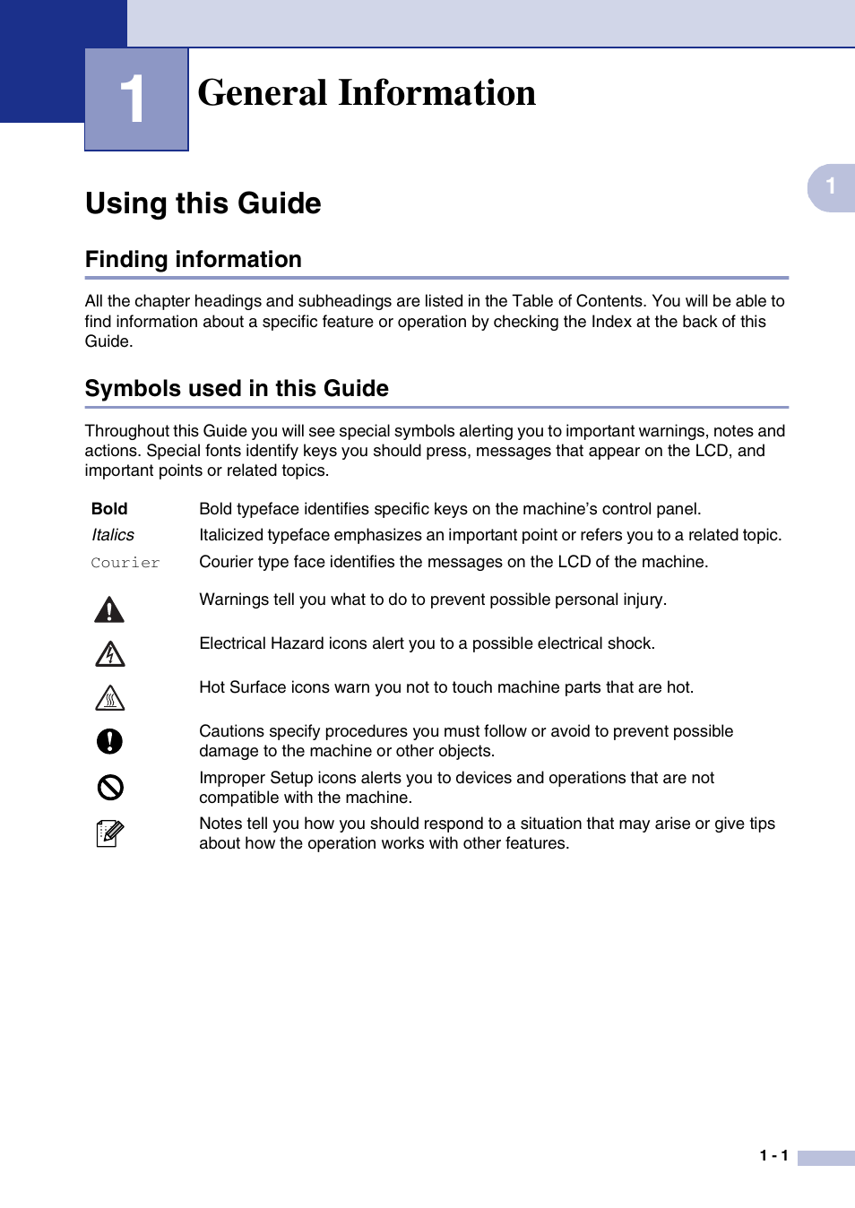 1 general information, Using this guide, Finding information | Symbols used in this guide, General information, Using this guide -1 | Brother MFC-9420CN User Manual | Page 18 / 195