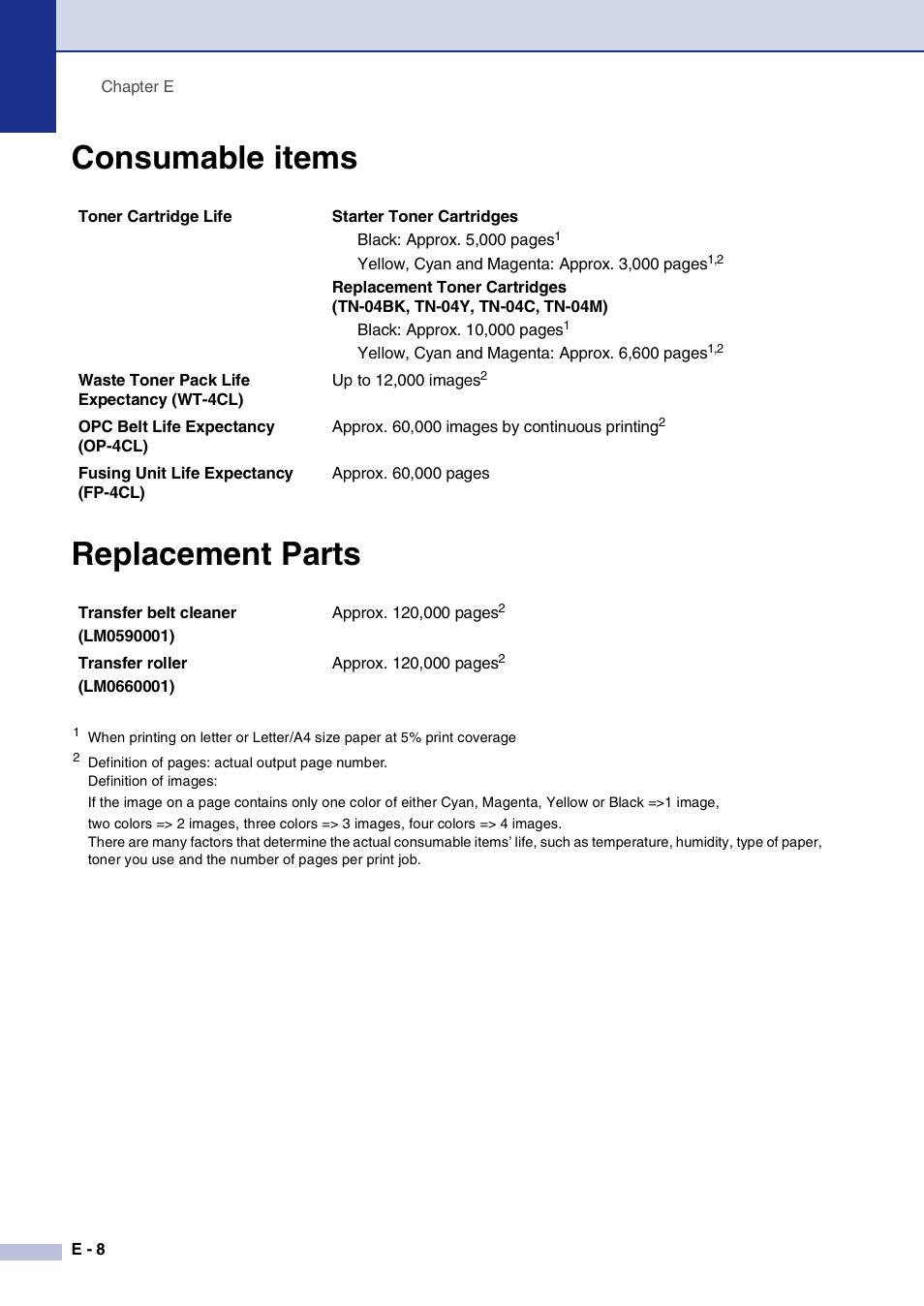 Consumable items, Replacement parts, Consumable items replacement parts | Brother MFC-9420CN User Manual | Page 181 / 195