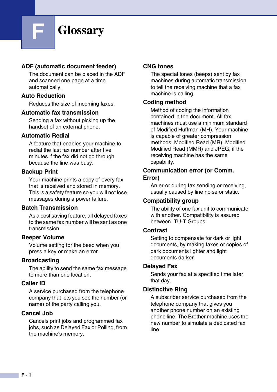 F glossary, Glossary | Brother MFC-9420CN User Manual | Page 183 / 195