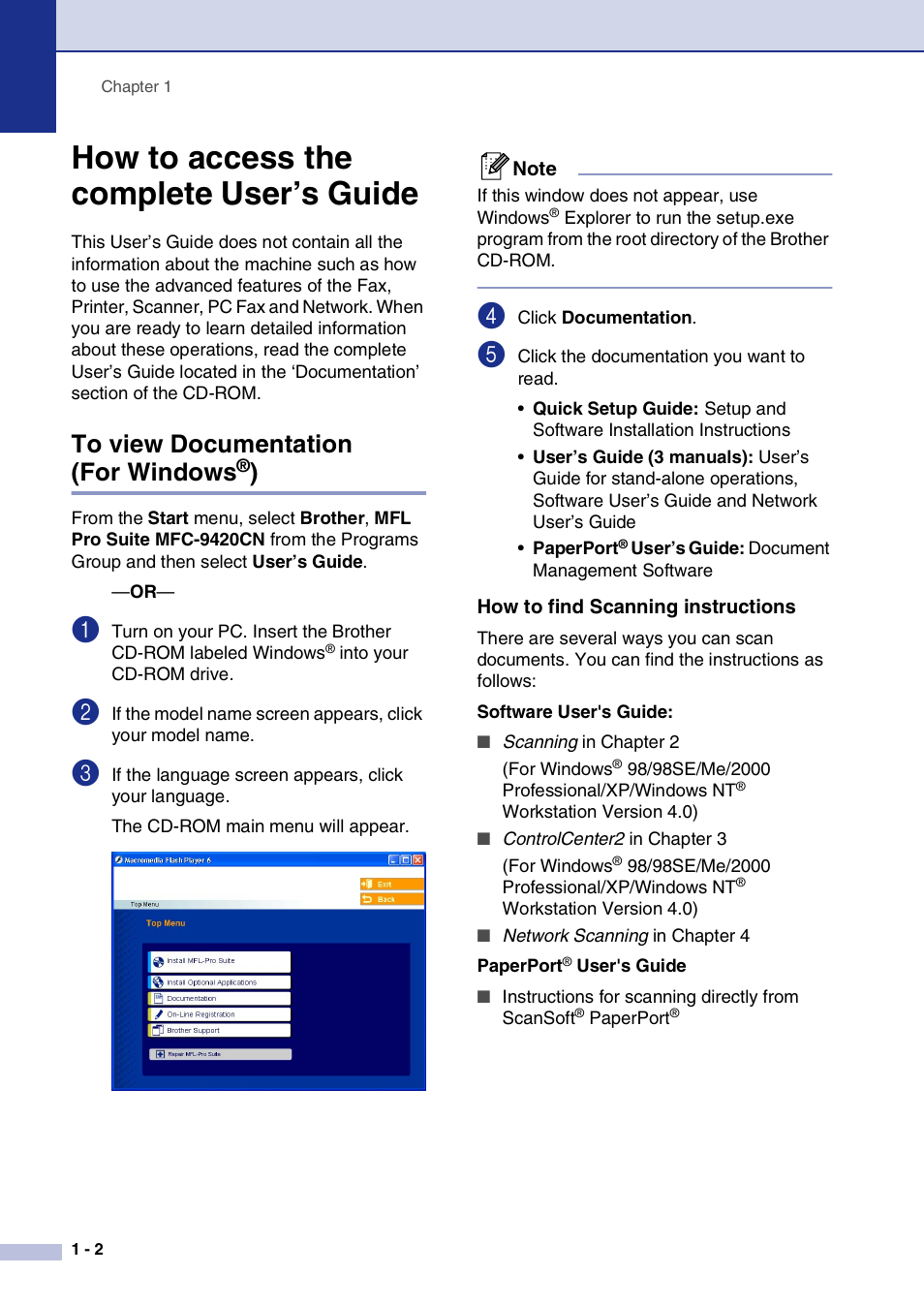 How to access the complete user’s guide, To view documentation (for windows®), How to find scanning instructions | How to access the complete user’s guide -2, To view documentation (for windows | Brother MFC-9420CN User Manual | Page 19 / 195