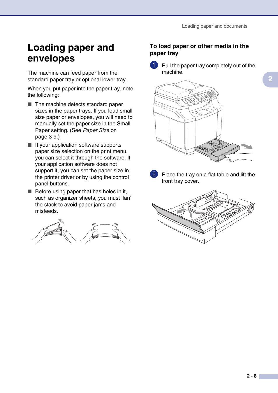 Loading paper and envelopes, To load paper or other media in the paper tray, Loading paper and envelopes -8 | Brother MFC-9420CN User Manual | Page 32 / 195