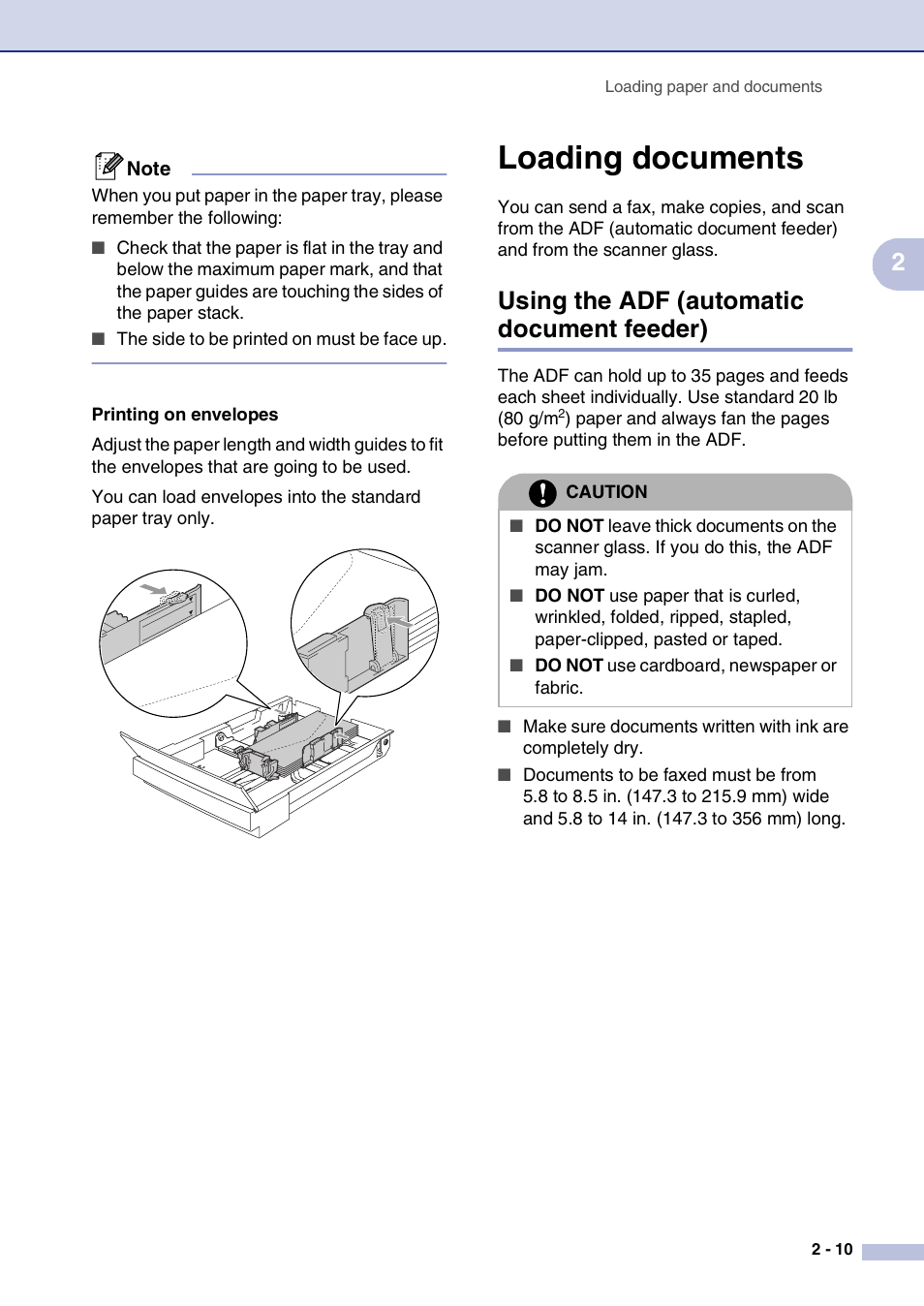 Loading documents, Using the adf (automatic document feeder), Loading documents -10 | Using the adf (automatic document feeder) -10 | Brother MFC-9420CN User Manual | Page 34 / 195
