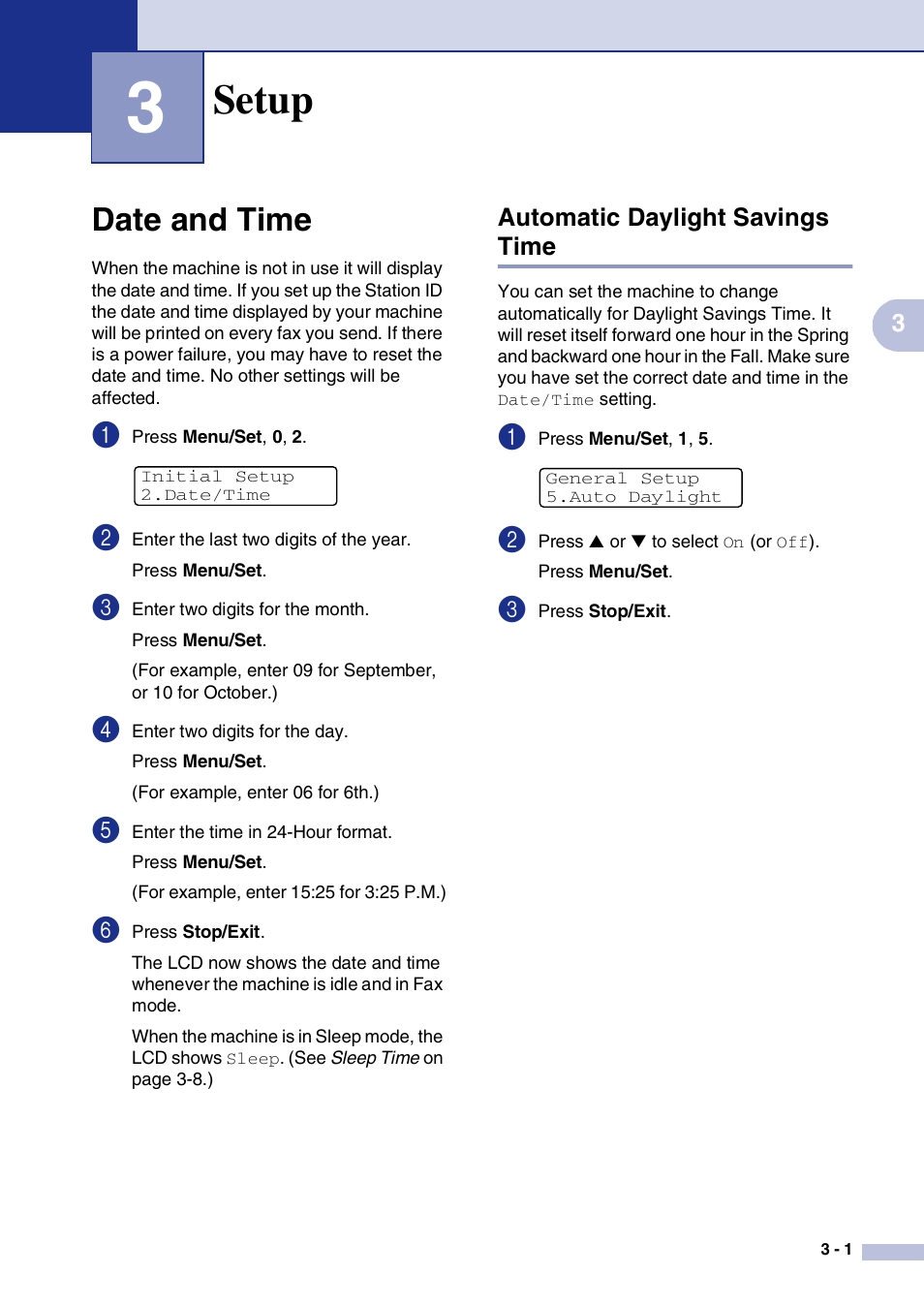 3 setup, Date and time, Automatic daylight savings time | Setup, Date and time -1, Automatic daylight savings time -1 | Brother MFC-9420CN User Manual | Page 36 / 195