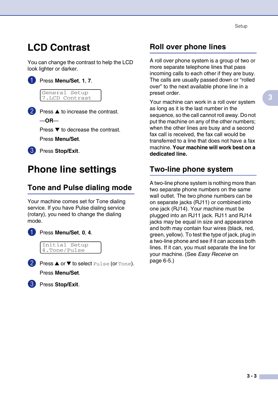 Lcd contrast, Phone line settings, Tone and pulse dialing mode | Roll over phone lines, Two-line phone system, Lcd contrast -3 phone line settings -3 | Brother MFC-9420CN User Manual | Page 38 / 195