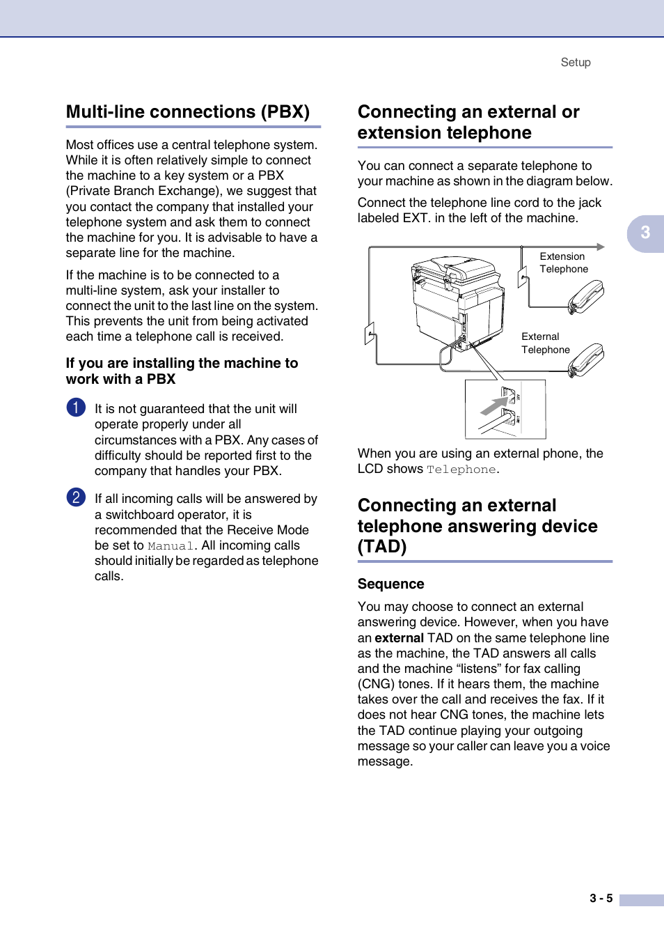 Multi-line connections (pbx), Connecting an external or extension telephone, Sequence | 3multi-line connections (pbx) | Brother MFC-9420CN User Manual | Page 40 / 195