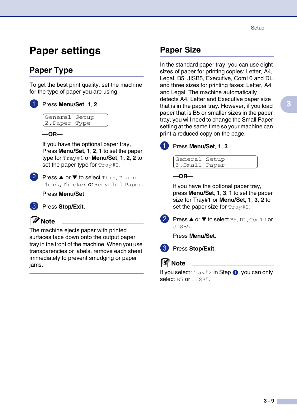 Paper settings, Paper type, Paper size | Paper settings -9, Paper type -9 paper size -9 | Brother MFC-9420CN User Manual | Page 44 / 195