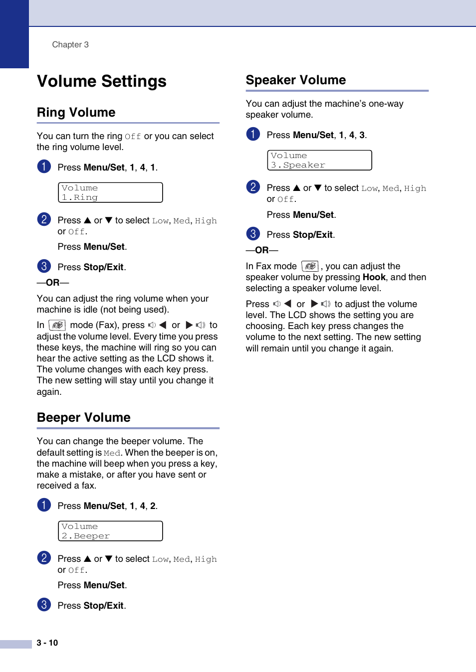 Volume settings, Ring volume, Beeper volume | Speaker volume, Volume settings -10 | Brother MFC-9420CN User Manual | Page 45 / 195