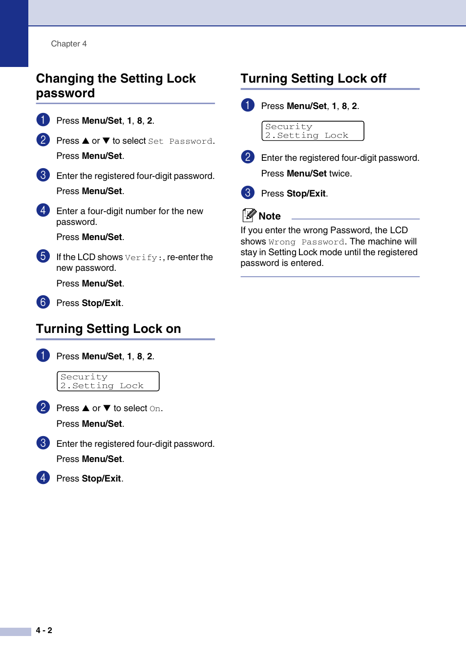 Changing the setting lock password, Turning setting lock on, Turning setting lock off | Brother MFC-9420CN User Manual | Page 47 / 195