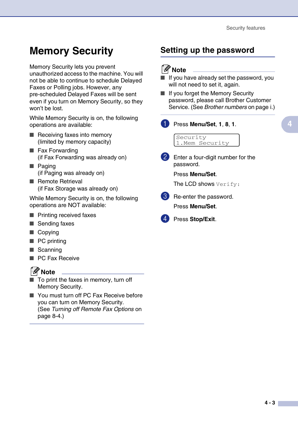 Memory security, Setting up the password, Memory security -3 | Setting up the password -3 | Brother MFC-9420CN User Manual | Page 48 / 195