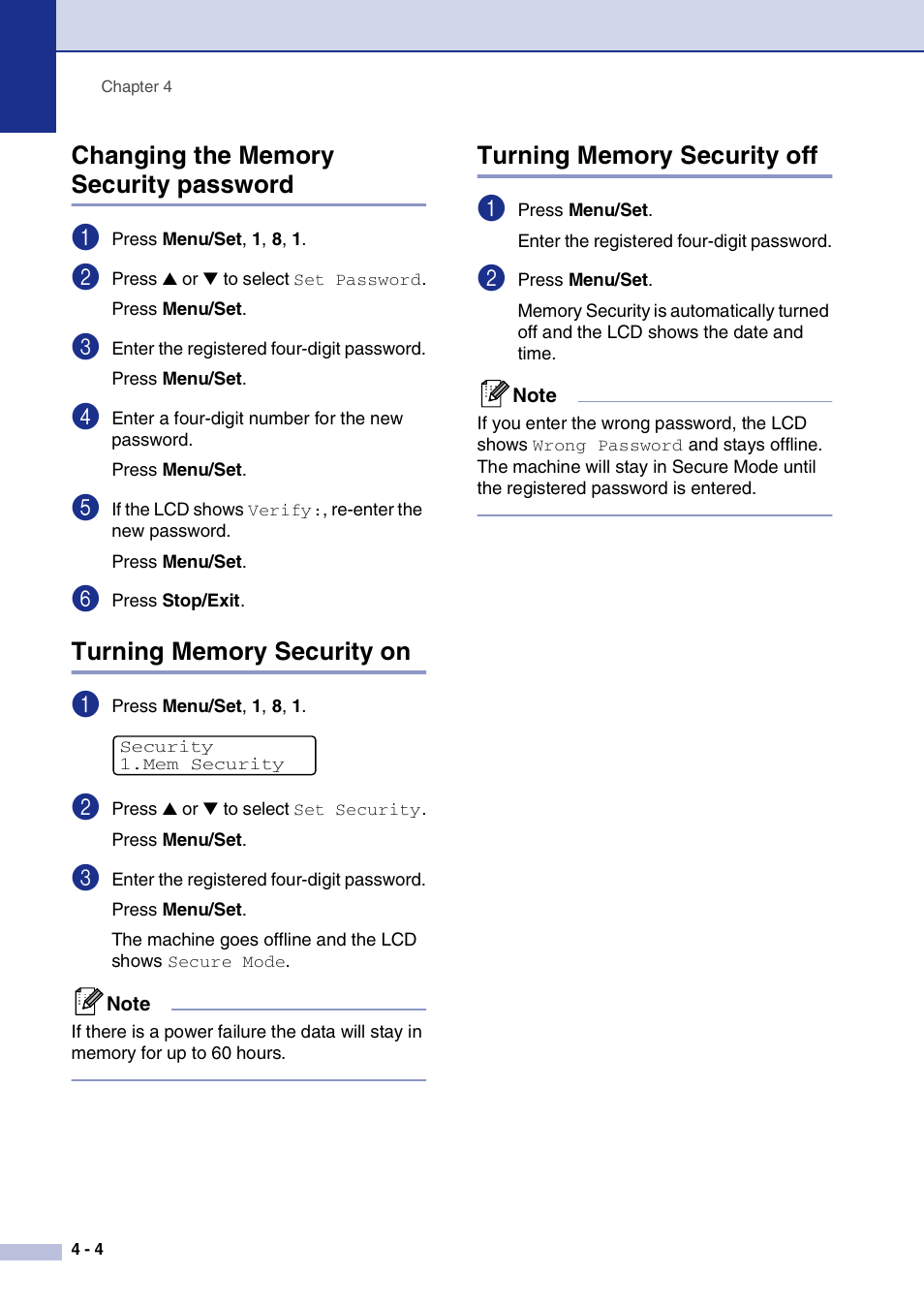 Changing the memory security password, Turning memory security on, Turning memory security off | Brother MFC-9420CN User Manual | Page 49 / 195