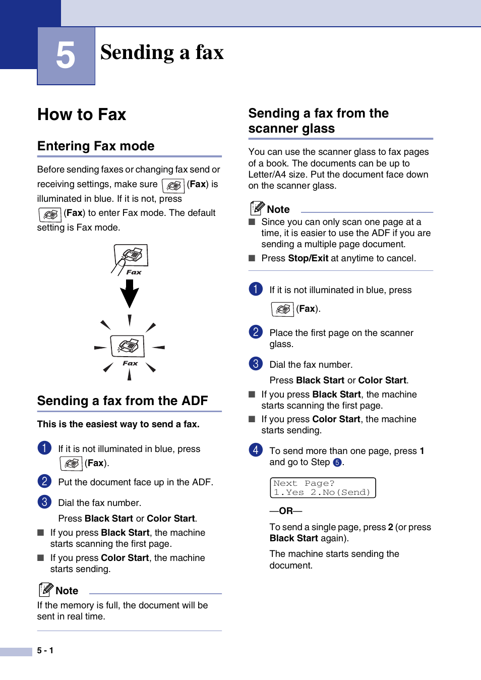 5 sending a fax, How to fax, Entering fax mode | Sending a fax from the adf, Sending a fax from the scanner glass, Sending a fax, How to fax -1 | Brother MFC-9420CN User Manual | Page 51 / 195