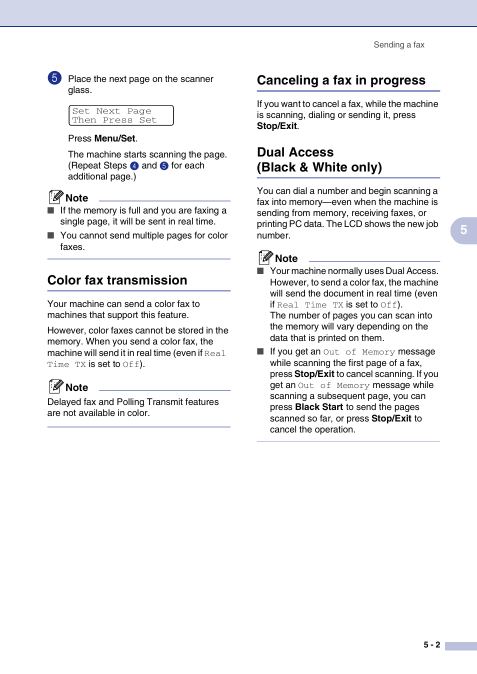 Color fax transmission, Canceling a fax in progress, Dual access (black & white only) | Brother MFC-9420CN User Manual | Page 52 / 195