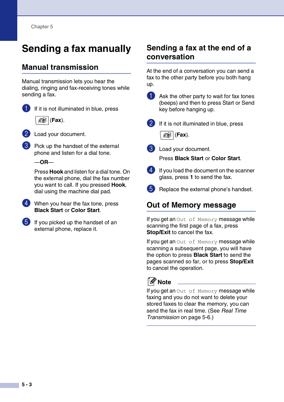 Sending a fax manually, Manual transmission, Sending a fax at the end of a conversation | Out of memory message, Sending a fax manually -3 | Brother MFC-9420CN User Manual | Page 53 / 195