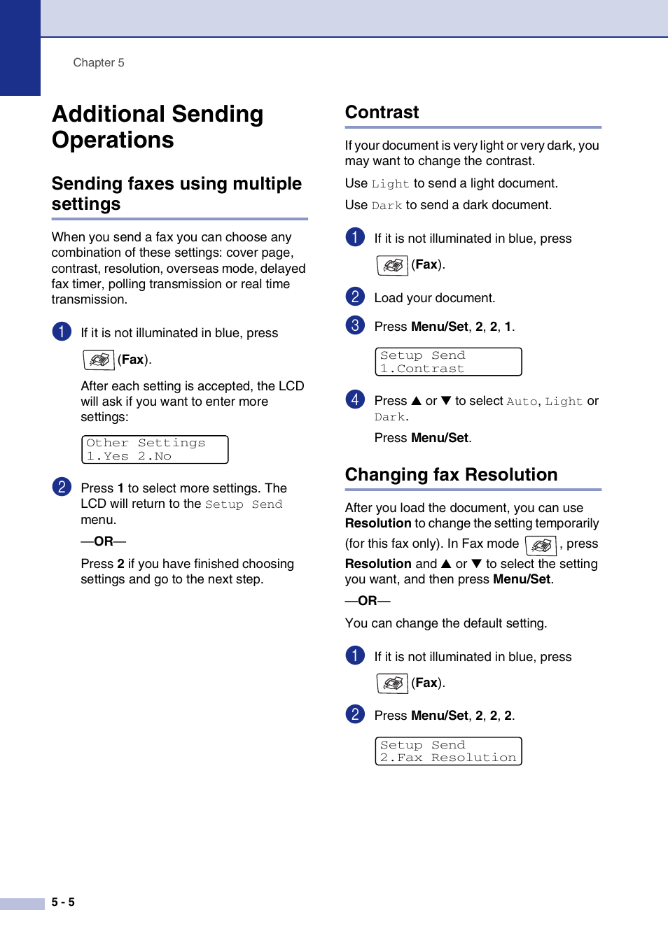 Additional sending operations, Sending faxes using multiple settings, Contrast | Changing fax resolution, Additional sending operations -5 | Brother MFC-9420CN User Manual | Page 55 / 195