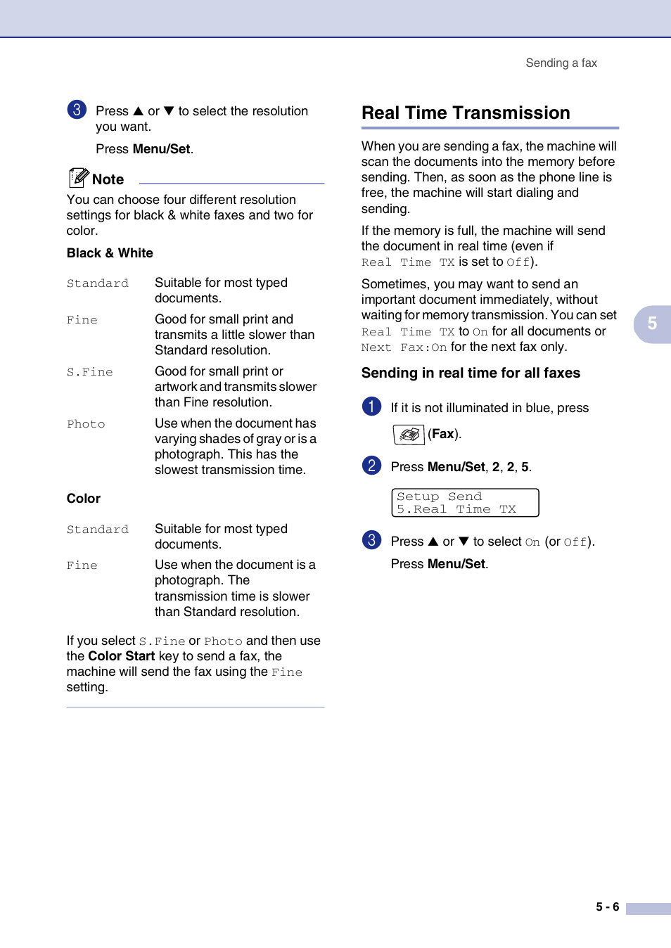 Real time transmission, Sending in real time for all faxes, Real time transmission -6 | Brother MFC-9420CN User Manual | Page 56 / 195