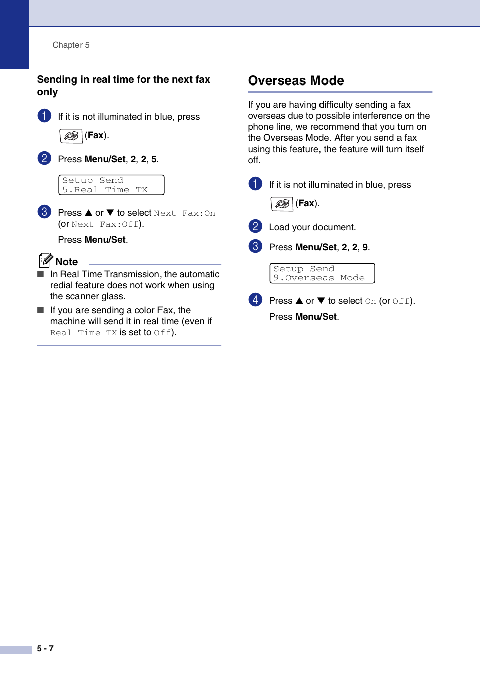 Sending in real time for the next fax only, Overseas mode, Overseas mode -7 | Brother MFC-9420CN User Manual | Page 57 / 195