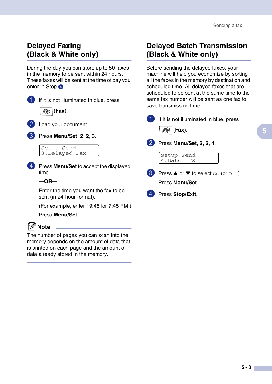 Delayed faxing (black & white only), Delayed batch transmission (black & white only), 5delayed faxing (black & white only) | Brother MFC-9420CN User Manual | Page 58 / 195