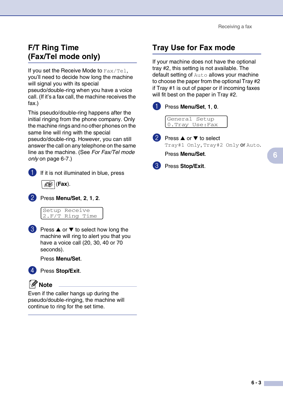 F/t ring time (fax/tel mode only), Tray use for fax mode, 6f/t ring time (fax/tel mode only) | Brother MFC-9420CN User Manual | Page 64 / 195