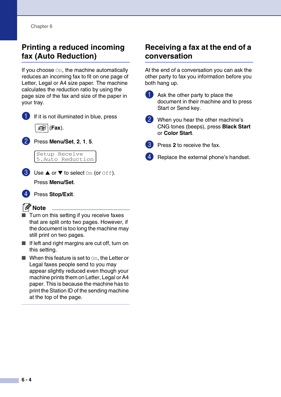 Printing a reduced incoming fax (auto reduction), Receiving a fax at the end of a conversation | Brother MFC-9420CN User Manual | Page 65 / 195