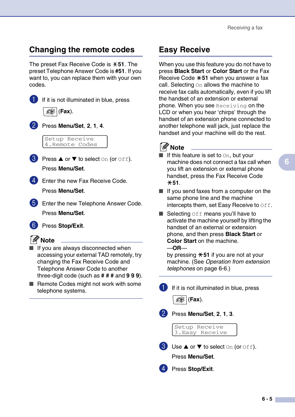 Changing the remote codes, Easy receive, Changing the remote codes -5 easy receive -5 | 6changing the remote codes | Brother MFC-9420CN User Manual | Page 66 / 195