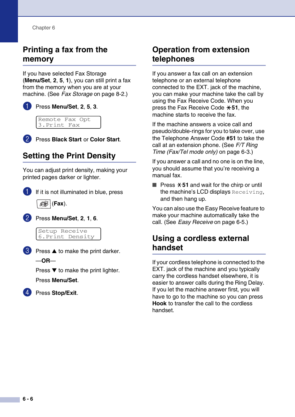 Printing a fax from the memory, Setting the print density, Operation from extension telephones | Using a cordless external handset | Brother MFC-9420CN User Manual | Page 67 / 195