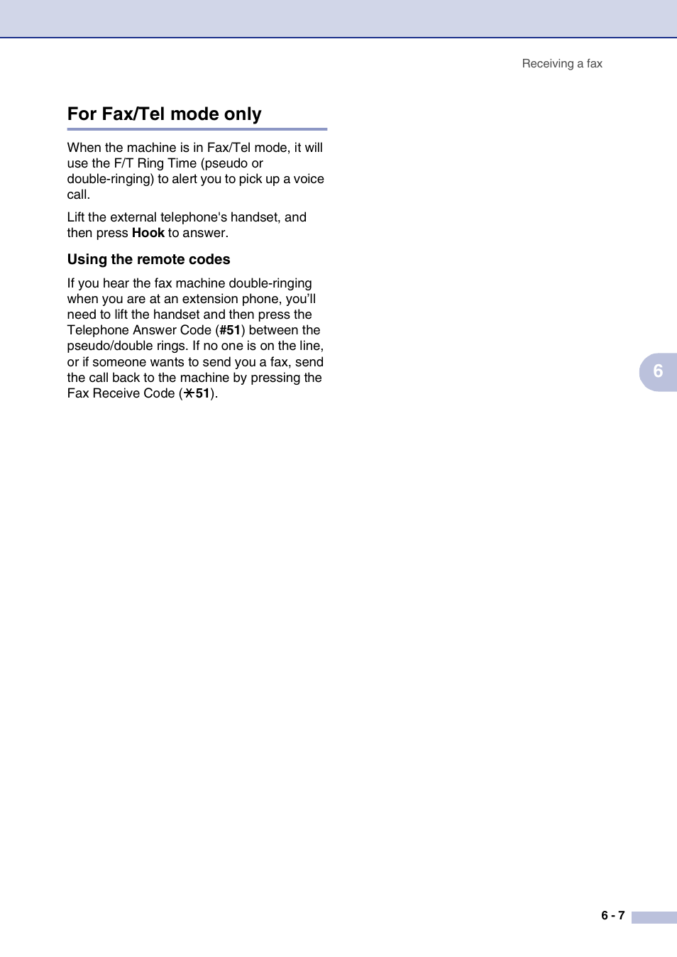 For fax/tel mode only, Using the remote codes, For fax/tel mode only -7 | 6for fax/tel mode only | Brother MFC-9420CN User Manual | Page 68 / 195