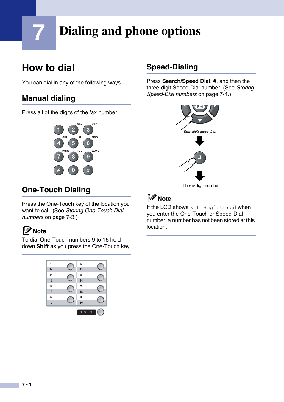 7 dialing and phone options, How to dial, Manual dialing | One-touch dialing, Speed-dialing, Dialing and phone options, How to dial -1 | Brother MFC-9420CN User Manual | Page 69 / 195