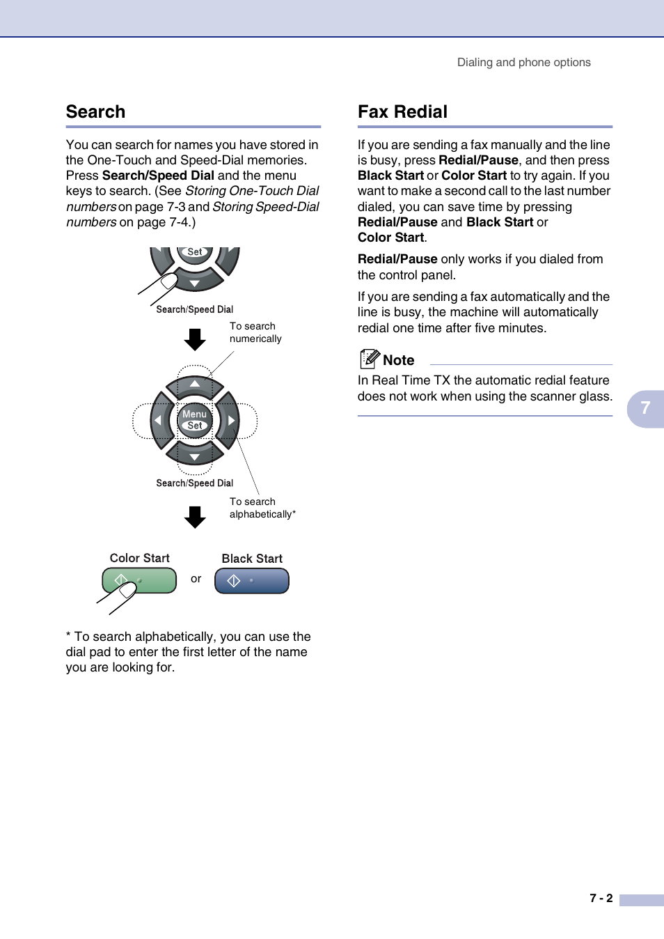 Search, Fax redial, Search -2 fax redial -2 | 7search | Brother MFC-9420CN User Manual | Page 70 / 195