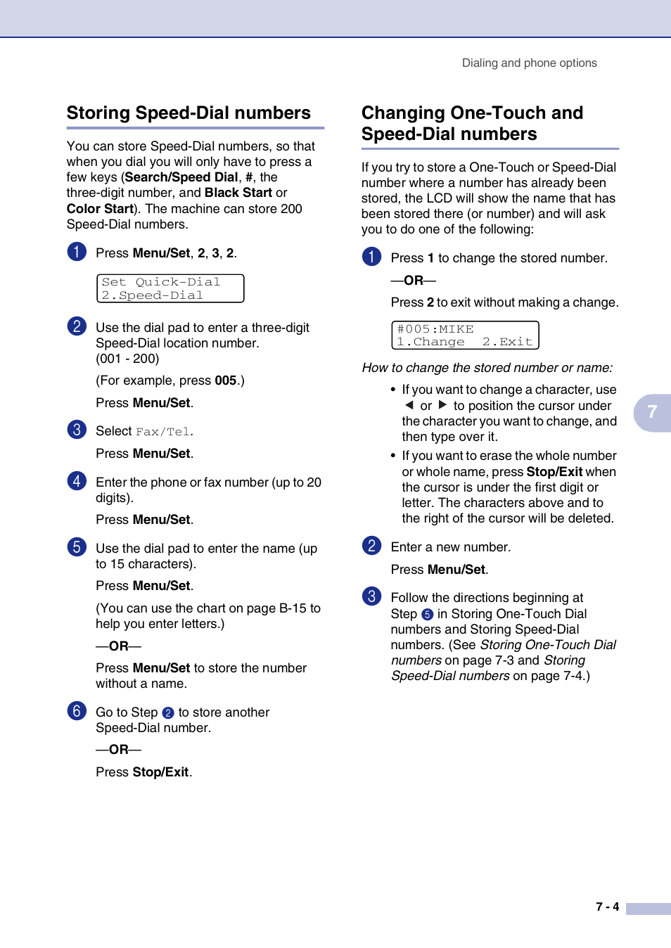 Storing speed-dial numbers, Changing one-touch and speed-dial numbers, 7storing speed-dial numbers | Brother MFC-9420CN User Manual | Page 72 / 195