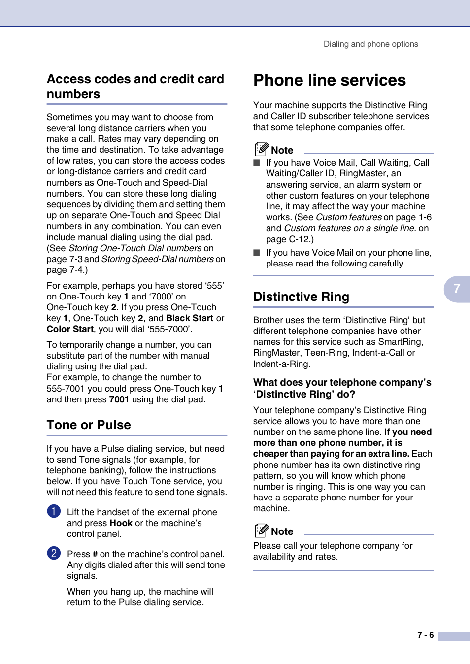 Access codes and credit card numbers, Tone or pulse, Phone line services | Distinctive ring, Phone line services -6, Distinctive ring -6, 7access codes and credit card numbers | Brother MFC-9420CN User Manual | Page 74 / 195