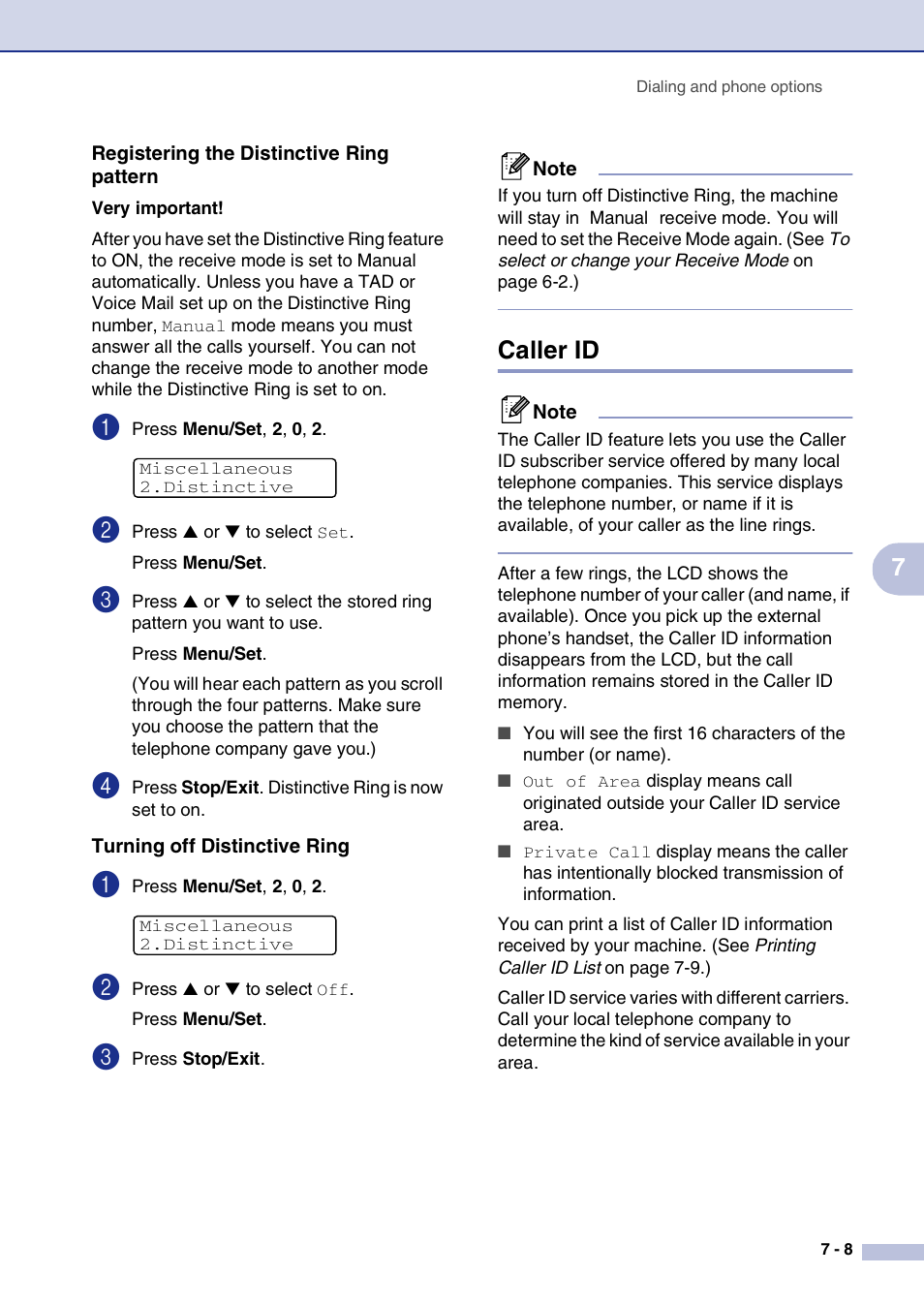 Registering the distinctive ring pattern, Turning off distinctive ring, Caller id | Caller id -8 | Brother MFC-9420CN User Manual | Page 76 / 195