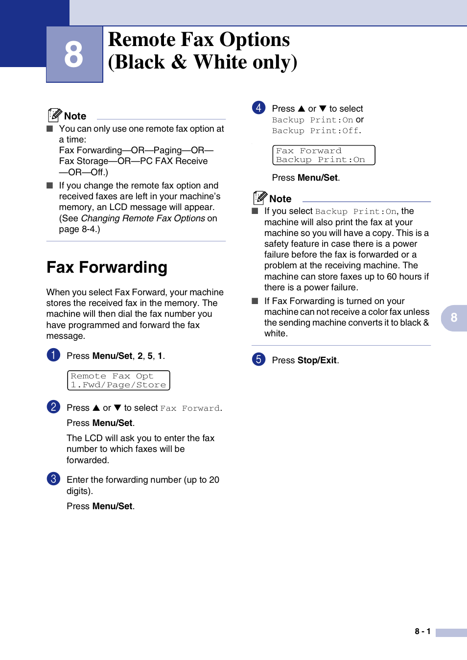 8 remote fax options (black & white only), Fax forwarding, Remote fax options (black & white only) | Fax forwarding -1 | Brother MFC-9420CN User Manual | Page 78 / 195