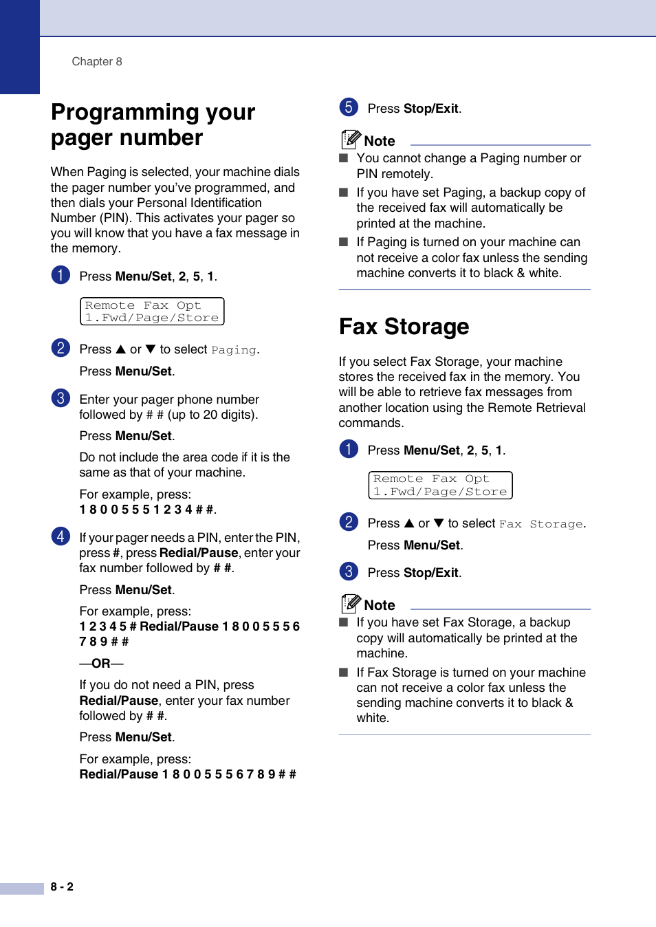 Fax storage, Programming your pager number | Brother MFC-9420CN User Manual | Page 79 / 195