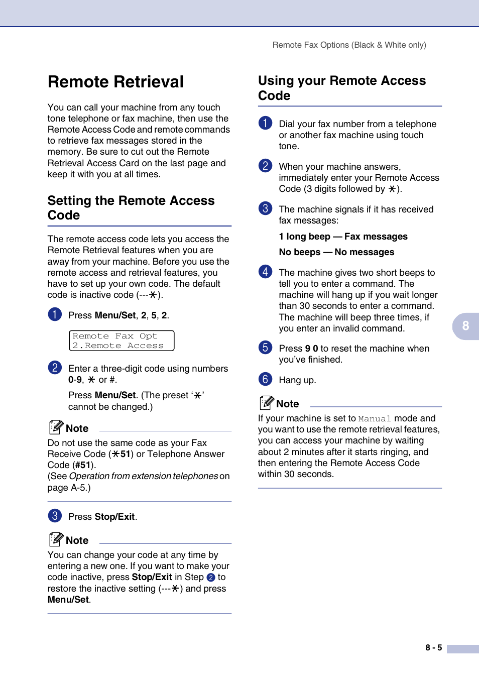 Remote retrieval, Setting the remote access code, Using your remote access code | Remote retrieval -5 | Brother MFC-9420CN User Manual | Page 82 / 195