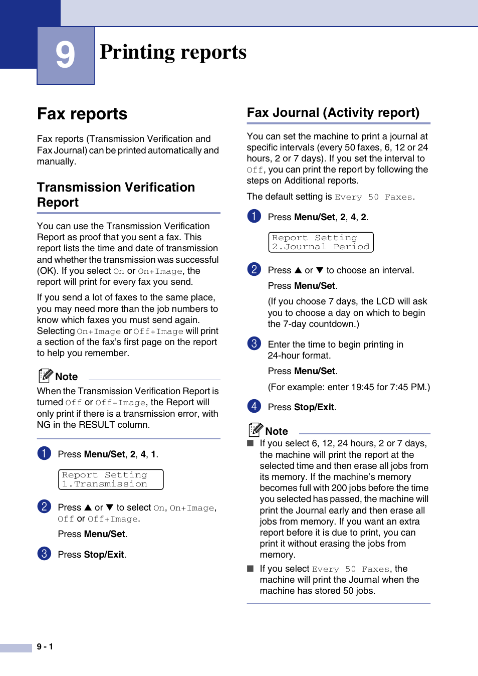 9 printing reports, Fax reports, Transmission verification report | Fax journal (activity report), Printing reports, Fax reports -1 | Brother MFC-9420CN User Manual | Page 85 / 195