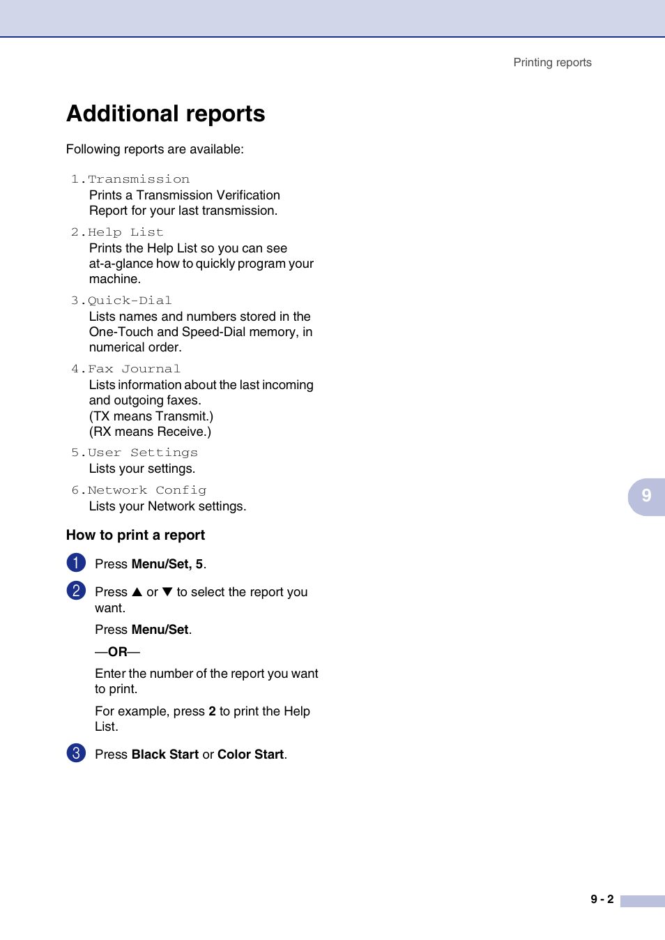 Additional reports, How to print a report, Additional reports -2 | Brother MFC-9420CN User Manual | Page 86 / 195
