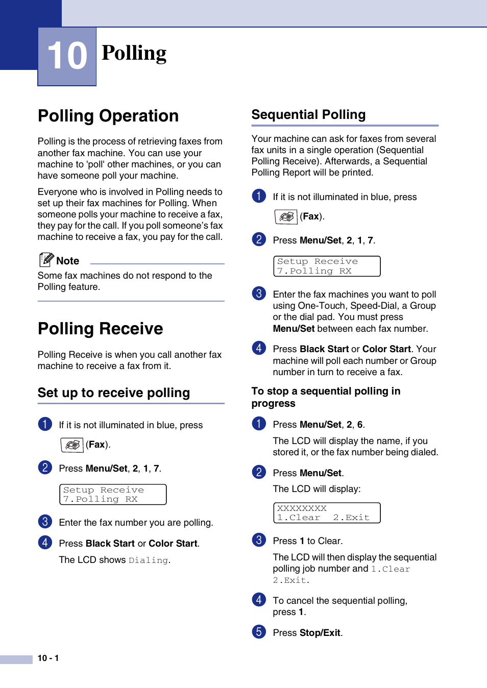 10 polling, Polling operation, Polling receive | Set up to receive polling, Sequential polling, To stop a sequential polling in progress, Polling, Polling operation -1 polling receive -1, Set up to receive polling -1 sequential polling -1 | Brother MFC-9420CN User Manual | Page 87 / 195