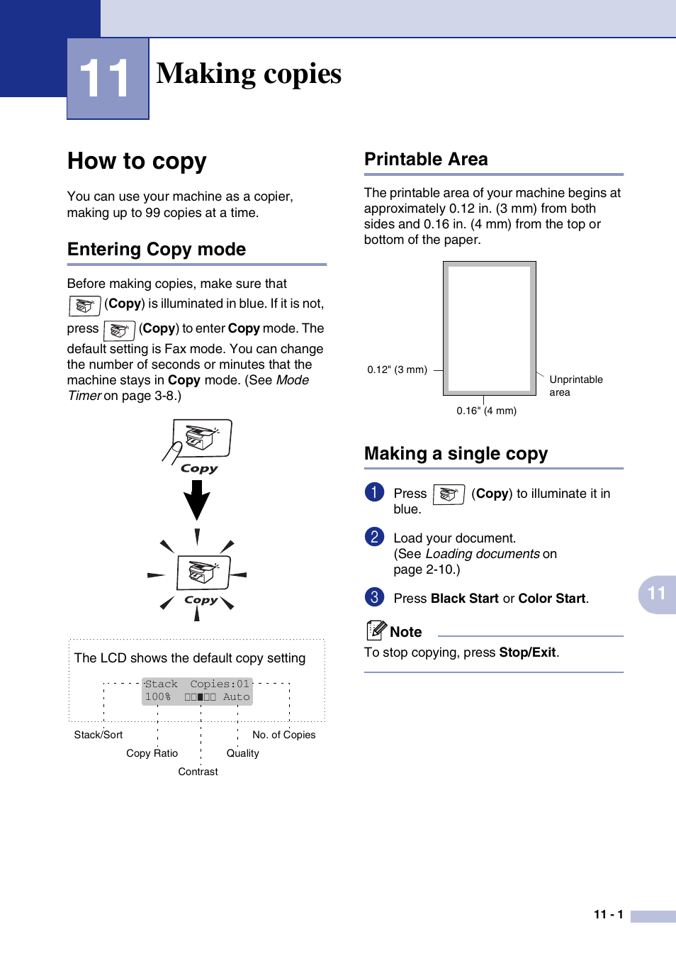 11 making copies, How to copy, Entering copy mode | Printable area, Making a single copy, Making copies, How to copy -1 | Brother MFC-9420CN User Manual | Page 90 / 195