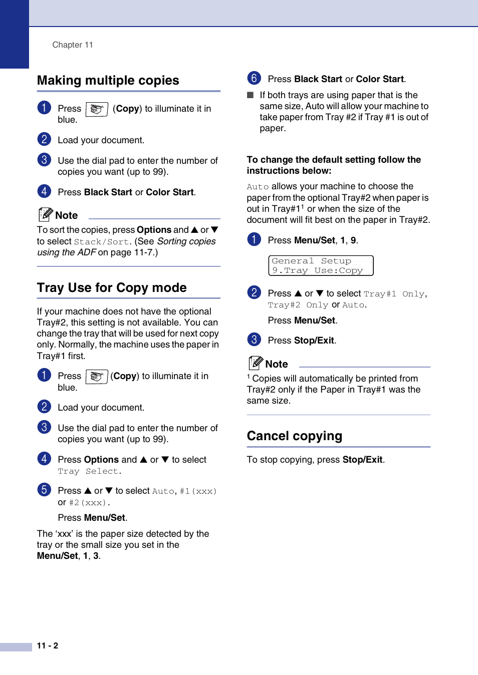 Making multiple copies, Tray use for copy mode, Cancel copying | Brother MFC-9420CN User Manual | Page 91 / 195