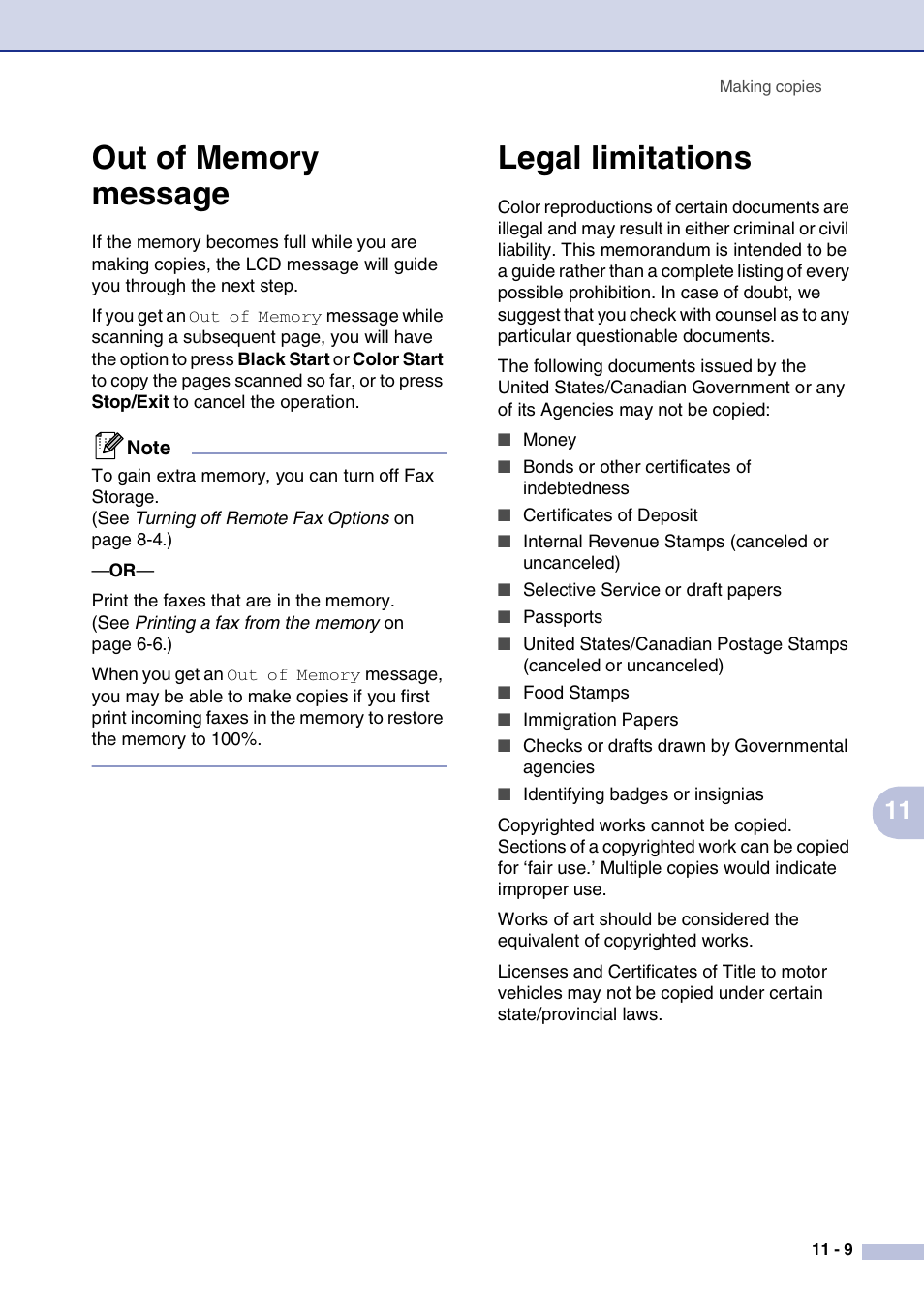 Out of memory message, Legal limitations, Out of memory message -9 legal limitations -9 | Brother MFC-9420CN User Manual | Page 98 / 195