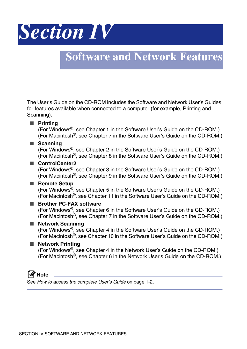 Section iv software and network features, Section iv - software and network features, Software and network features | Brother MFC-9420CN User Manual | Page 99 / 195