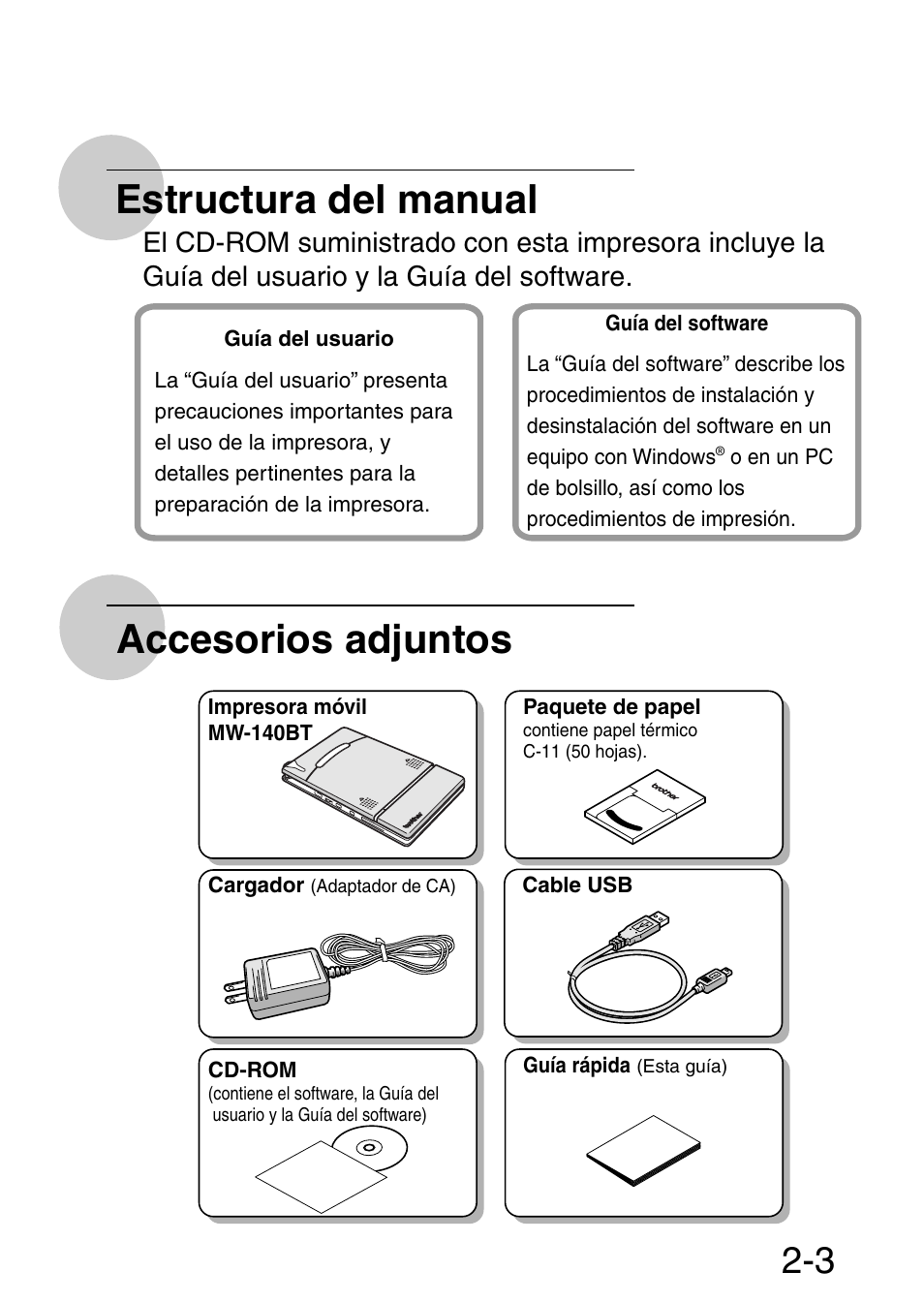 Estructura del manual accesorios adjuntos | Brother MW-140BT User Manual | Page 12 / 18