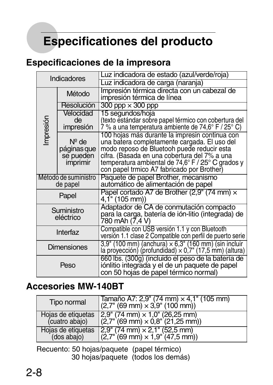 Especificationes del producto | Brother MW-140BT User Manual | Page 17 / 18