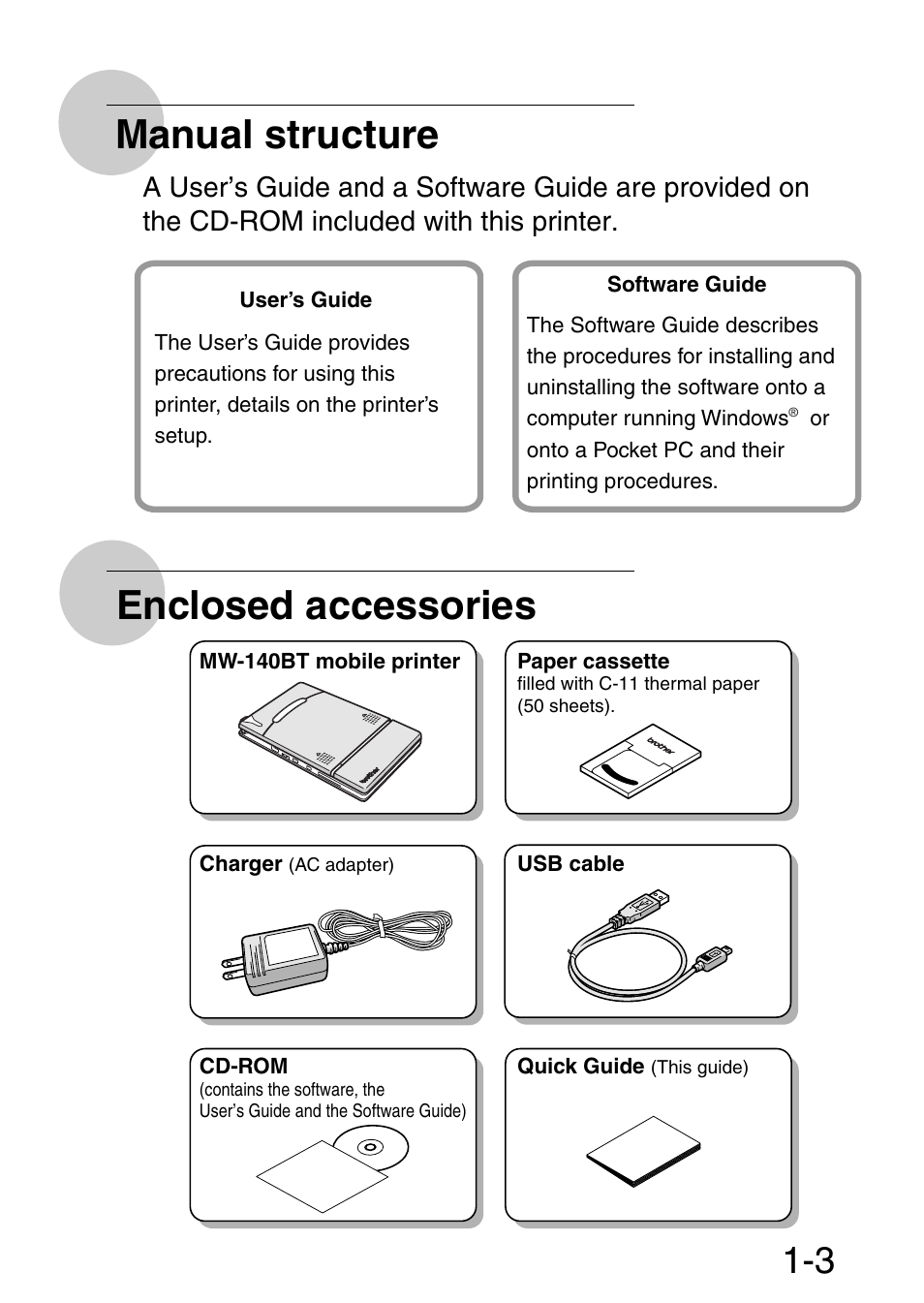 Manual structure enclosed accessories | Brother MW-140BT User Manual | Page 4 / 18