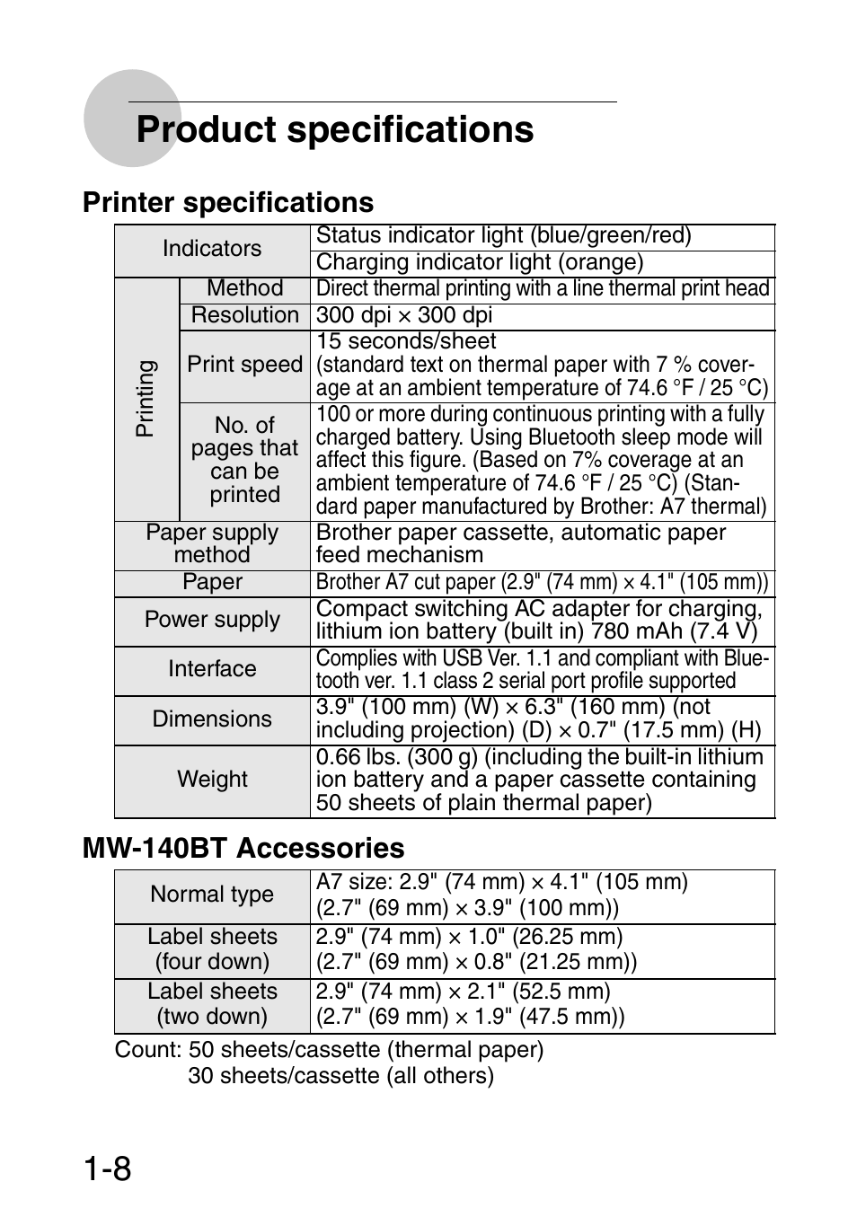 Product specifications, Printer specifications mw-140bt accessories | Brother MW-140BT User Manual | Page 9 / 18