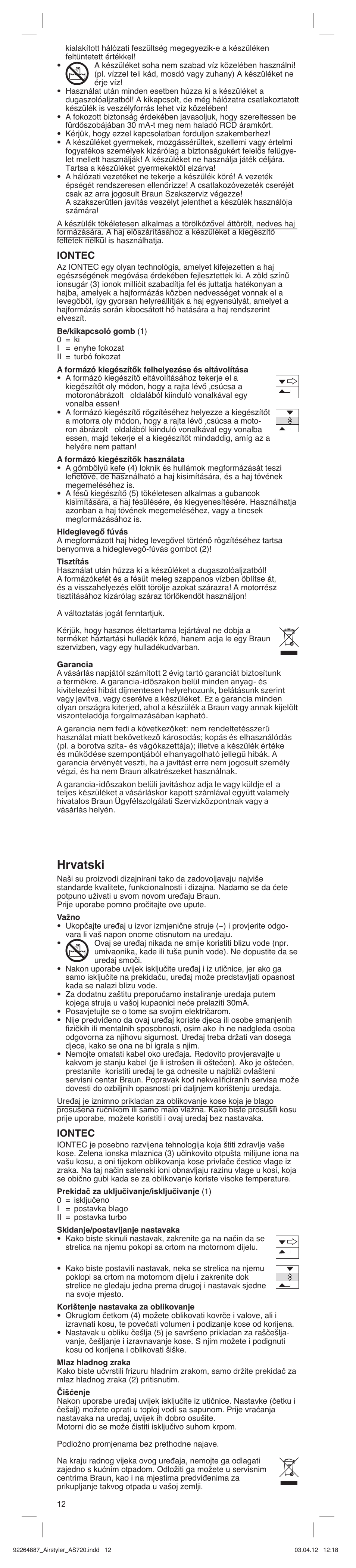 Hrvatski, Iontec | Braun AS720 Satin Hair 7 User Manual | Page 12 / 19