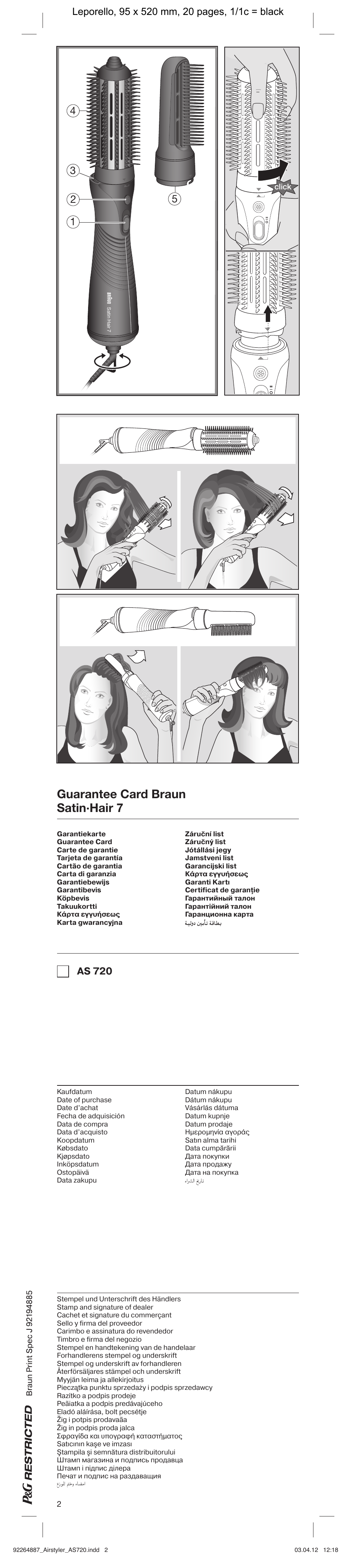 Guarantee card braun satin·hair 7, As 720 | Braun AS720 Satin Hair 7 User Manual | Page 2 / 19